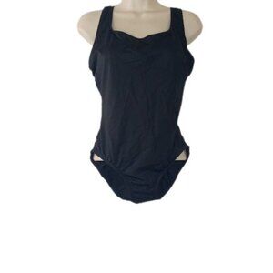 Longitude Womens Tummy Control 1 Piece Swimsuit Black Barrel Button Sides 10 New